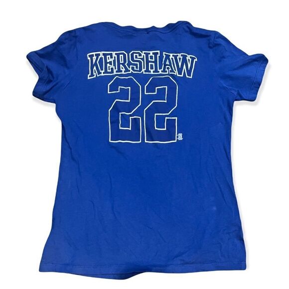 LOS ANGELES LA DODGERS CLAYTON KERSHAW BLUE WHITE V-NECK T-SHIRT WOMENS SMALL - Picture 2 of 7